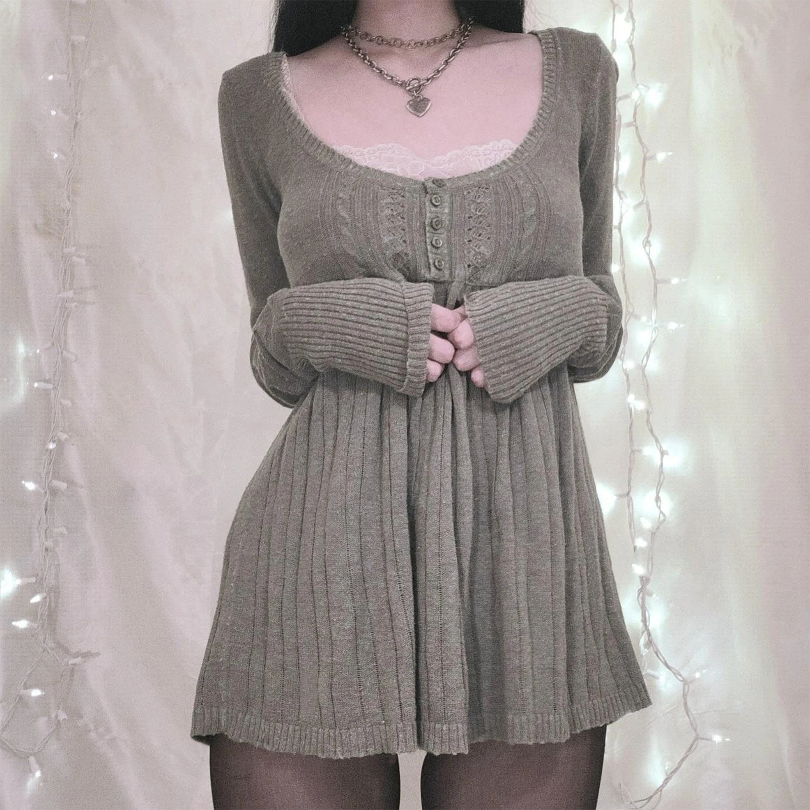 Y2K Fairy Grunge Knitted Sweater Long Sleeve Tunic Tops Low Cut Peplum Babydoll Blouse Button Down Harajuku 90s Vintage Jumpers