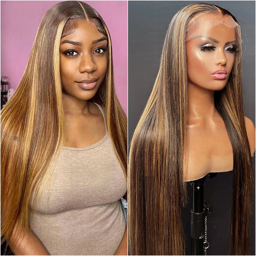 

30 Inch Highlight P4/27 Straight 13x6 Hd Lace Frontal Wig 13x4 Transparent Lace Front Human Hair Wigs Hairline PrePlucked