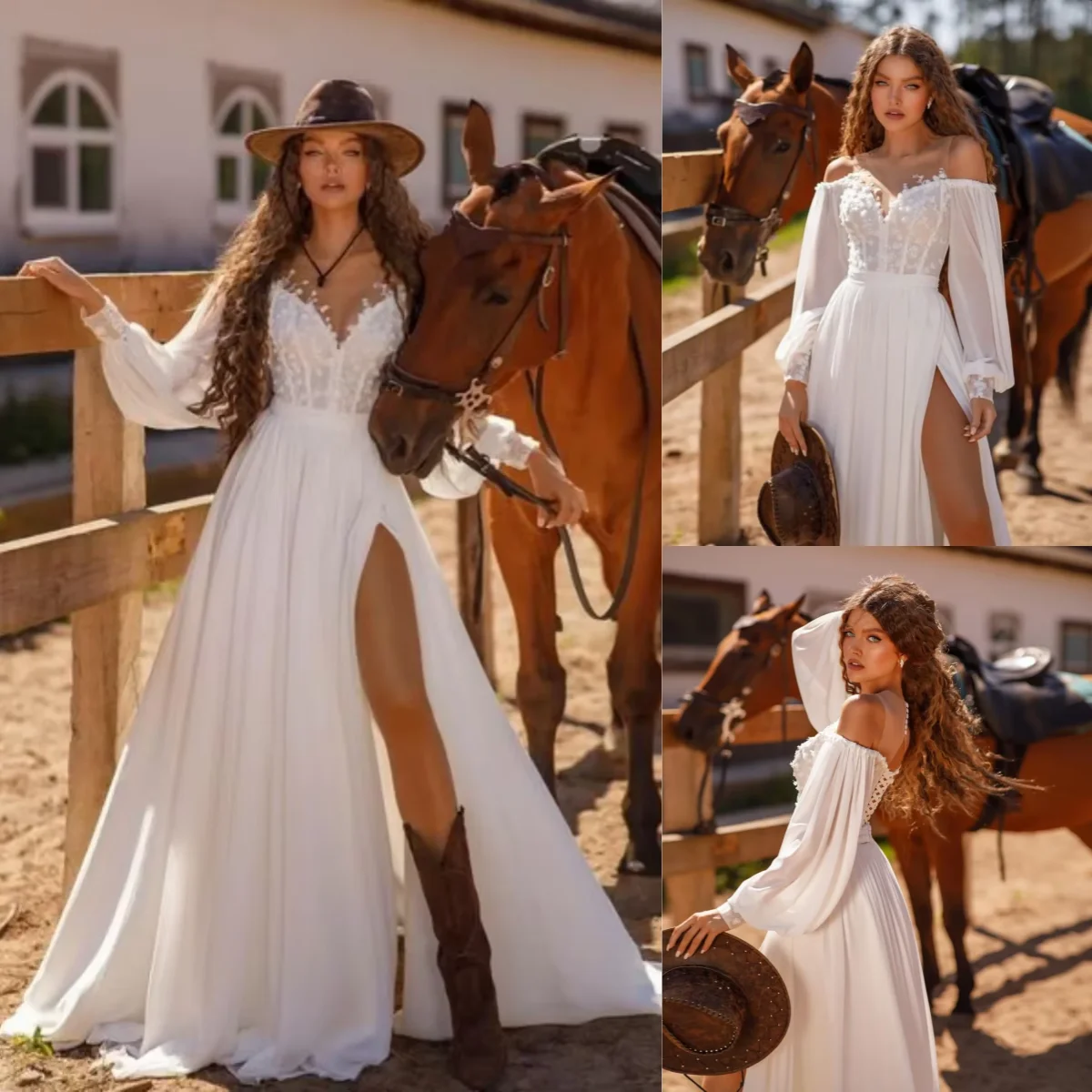 

Vintage V-neck Chiffon Long Sleeved Bohemian Bridal Gown Side Slit Sweeping Train Elegant A-line Wedding Dress Customization