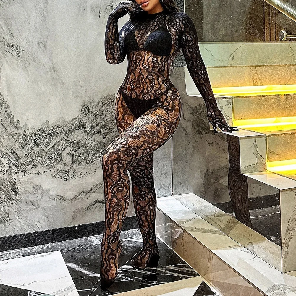 Women Bodysuit Stocking Fishnet Mesh Romper Clubwear Jumpsuit See Through Tights Sexy Lingerie Net See Through Clothes