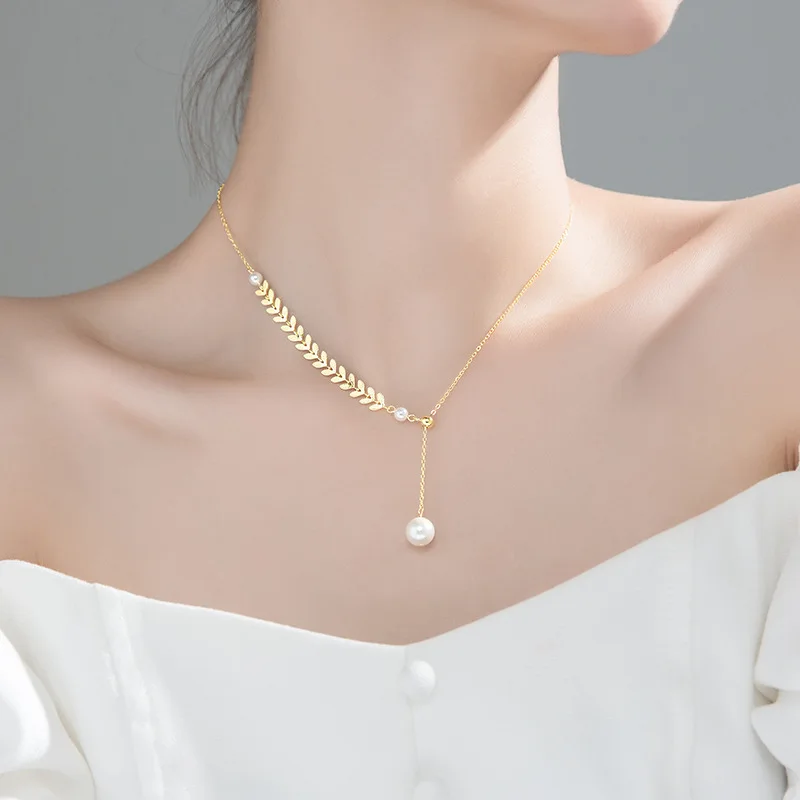 18k Gold Stretch Wheatear Pearl Necklace for Women, AU750 Y-shaped Clavicle Chain Jewelry 45cm Ladies Wedding Birthday Gift