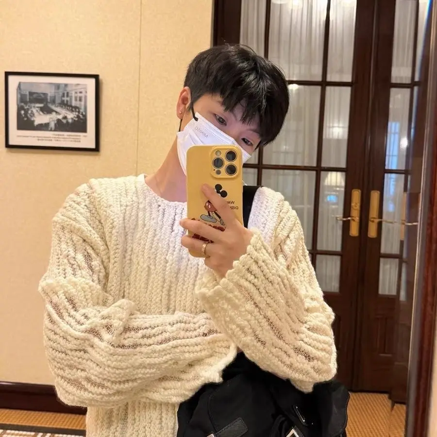 

Korean textured hollow sweater for men, fashionable and individual, simple long-sleeved sweater, trendy loose couple blouse tops