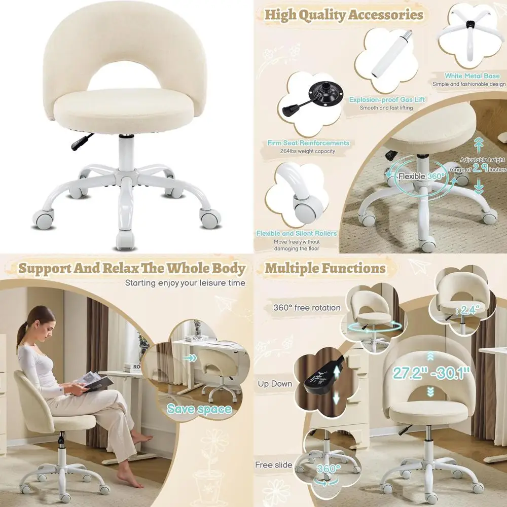

Compact Swivel Chair with Wheels for Girls - Stylish Adjustable Height Armless Desk Chair in Light Yellow for Study and Makeup R