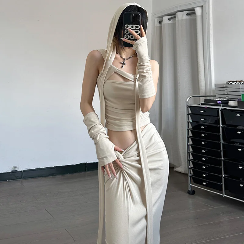 Oshfall Women Sexy 2-Piece Solid Hooded Hollow Out Sling Top+2023 New High Waist Slim Vent Skirt Autumn Fashion Street Set