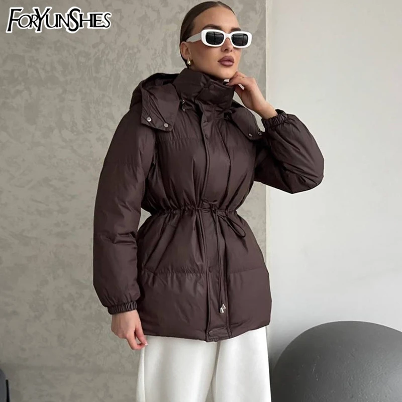 

Теплая коричневая куртка-пуховик с капюшоном, женская мода, хлопковое пальто с длинными рукавами и завязками на талии, 2025 г., женская зимняя шикарная повседневная верхняя одежда
