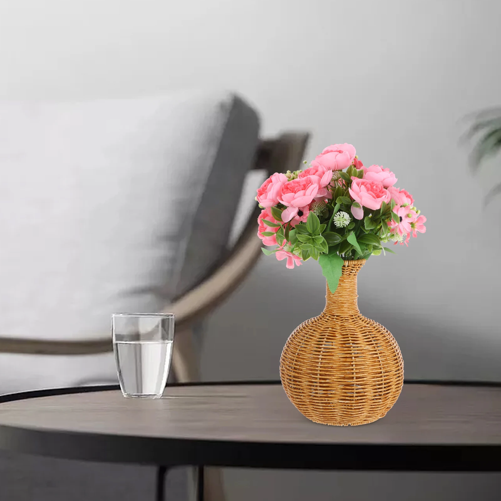 

Rustic Woven Vase Plastic Rattan Material Iron Minimalist Home Office Balcony Decor Flower Arrangement Container