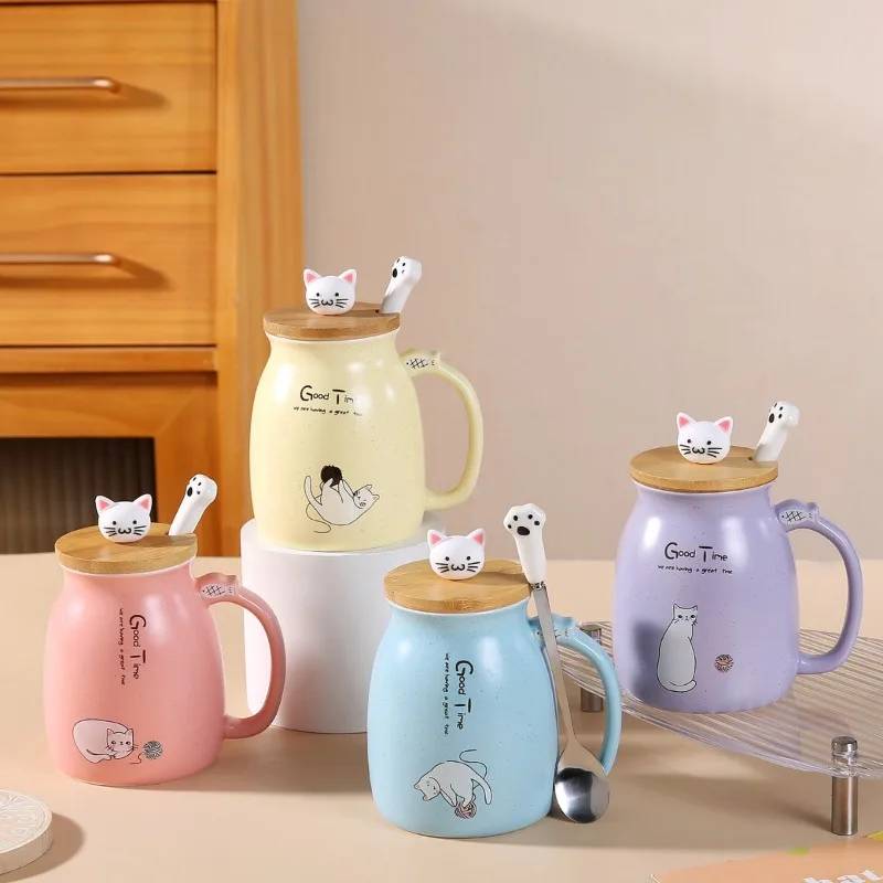 

Cartoon Couple Cute Cat Ceramic Water Cup Super Cute Cat Cover Spoon Coffee Cup Breakfast Milk