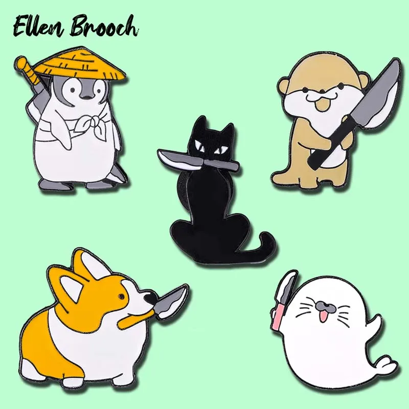 Assassin Animal Enamel Pin Stabber Corgi Cat Sea Lion Knife Brooch Lapel Badges Cute Jewelry Gift for Friends Kids