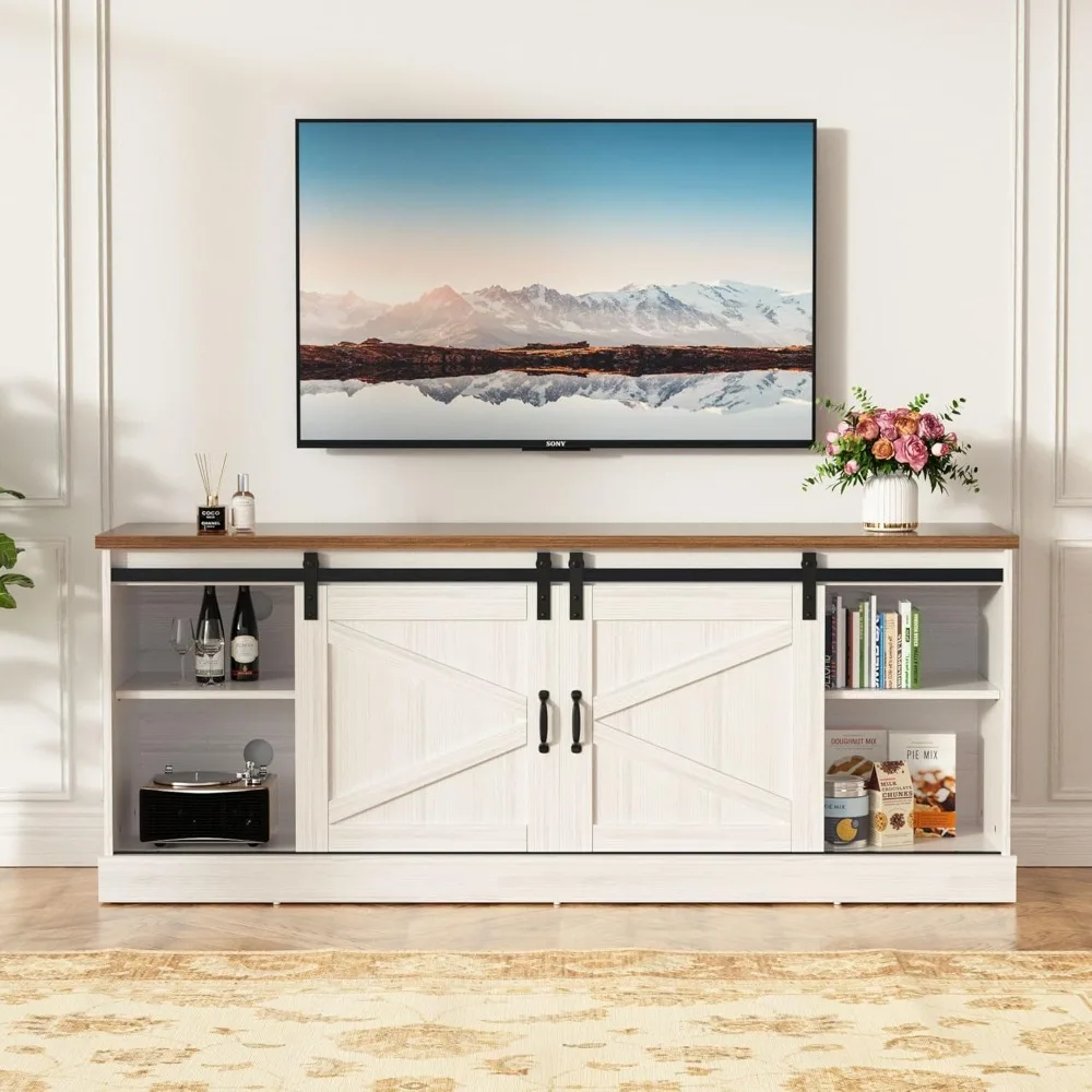 Modern 75-Inch TV Entertainment Center with Sliding Barn Door Cabinets and Storage