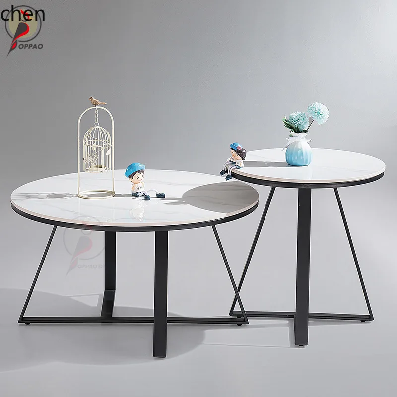 YFY Light Luxury Nordic  Steel Black Sand Carbon Steel Rock Plate Round Coffee Table  Modern Living Room  Tea Table Set