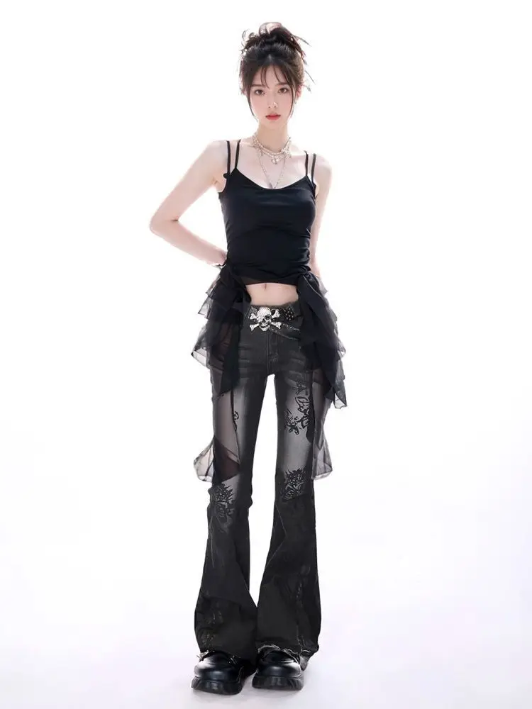 Autumn Y2K Vintage Washed Flare Jeans Women Distressed Print Slim Fit Bootcut Denim Pants Gothic Subculture Streetwear Trousers