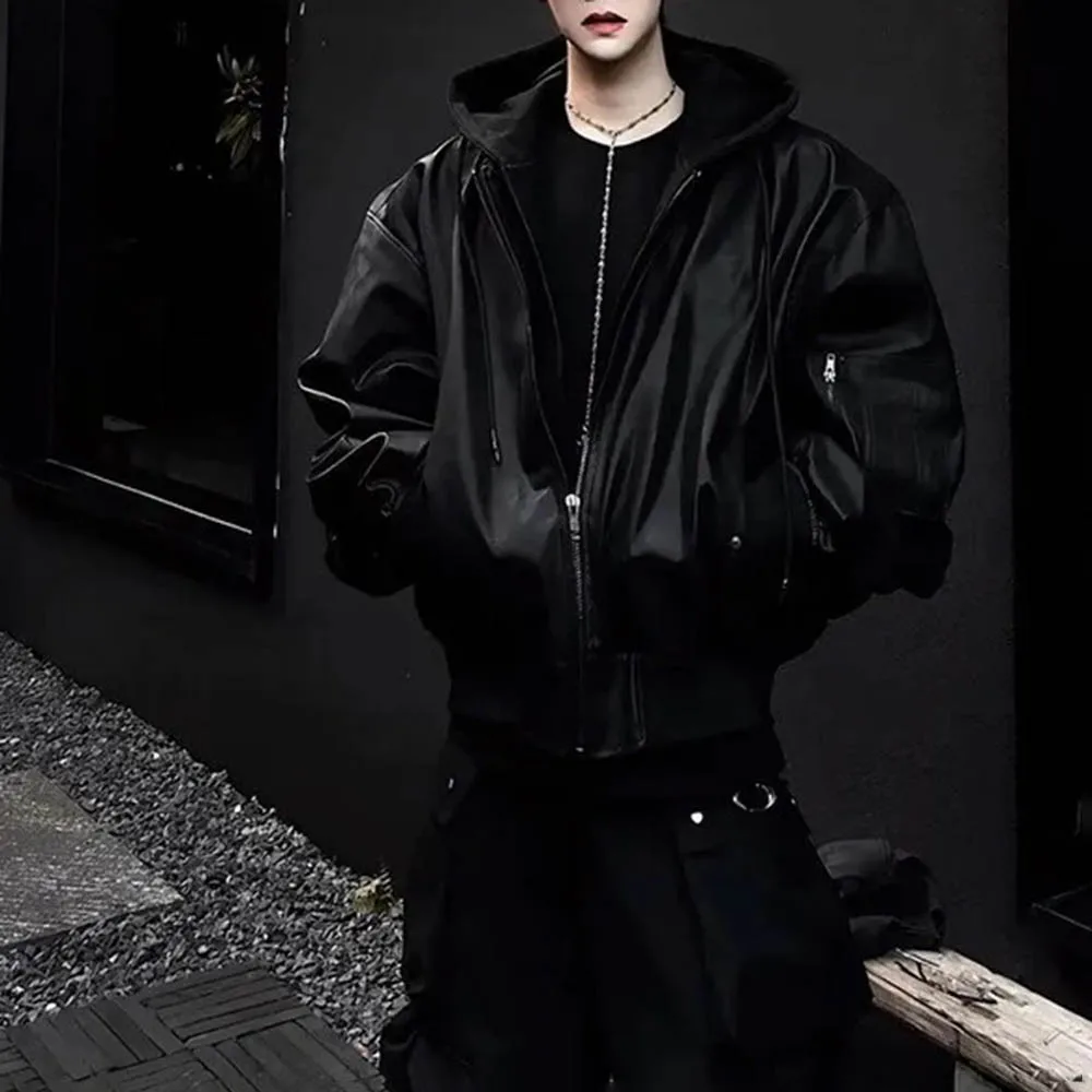 

Осенняя новая мужская куртка из искусственной кожи с капюшоном, куртка в американском стиле ретро, модный тренд, уличные повседневные свободные нишевые мужские топы 2025