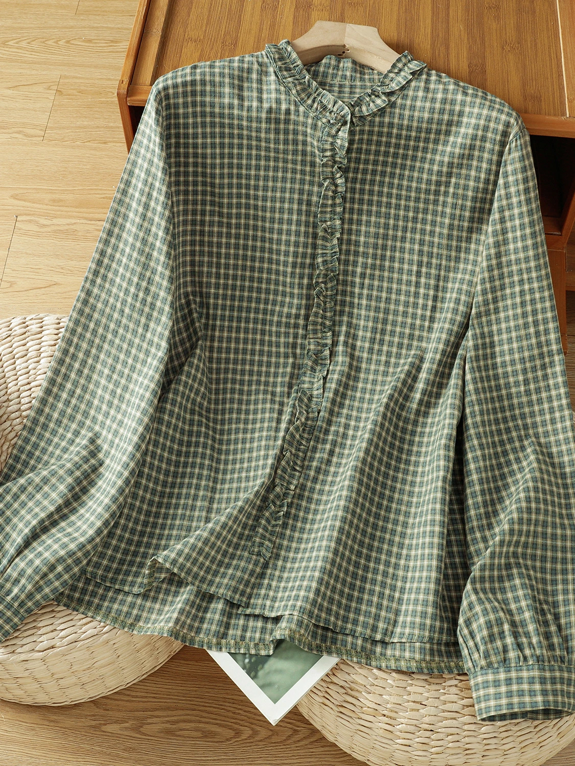Casual Plaid Shirt Women's Large Size Artistic Retro All-Match Wooden Ear Shirt Autumn Season Loose Fit Long Sleeve