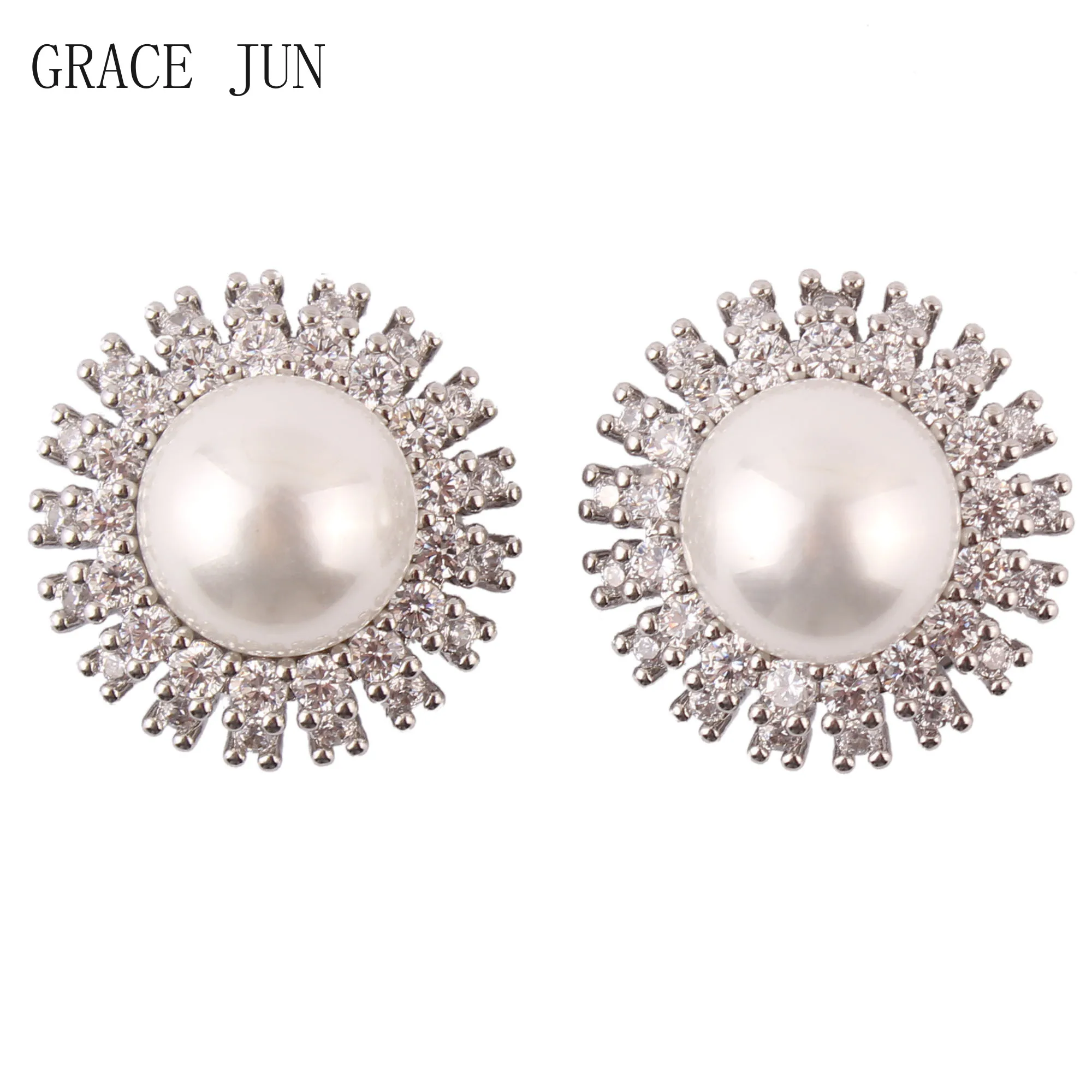 GRACE JUN New Arrival Gold Color Round Shape Pearl Cubic Zircon Clip on Earrings for Women Fashion Silver Plated Cuff Ear Clip