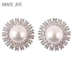 GRACE JUN New Arrival Gold Color Round Shape Pearl Cubic Zircon Clip on Earrings for Women Fashion Silver Plated Cuff Ear Clip