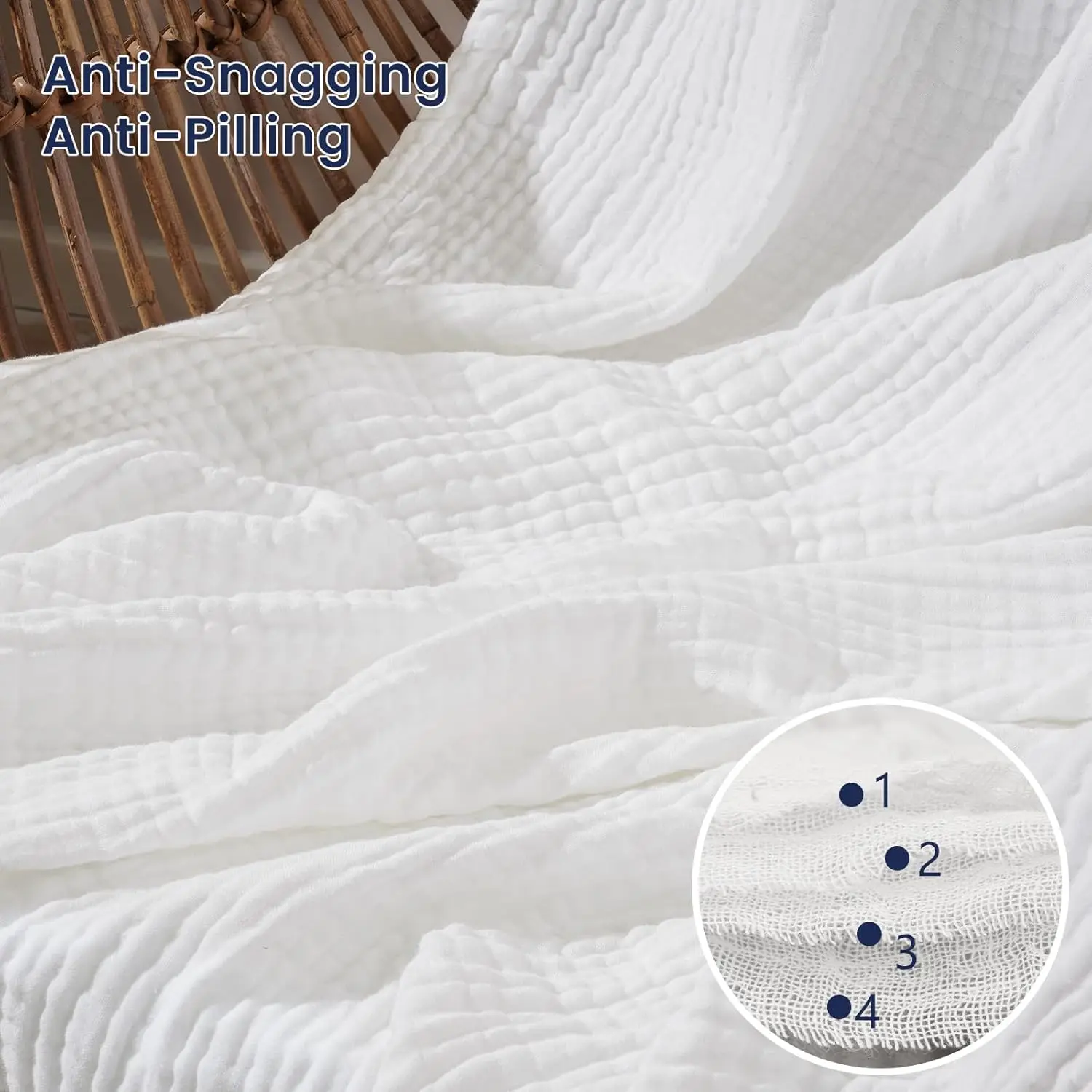 Cooling Muslin King Blanket for Hot Sleepers, 60% Rayon from Bamboo 40% Cotton, 4-Layer Gauze, 108"x90", White - view 5