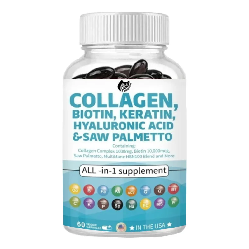 Píldoras de Colágeno, Biotina, Queratina, Saw Palmetto, Ácido Hialurónico - Vitaminas para Cabello, Piel y Uñas con Vitamina E, Folato y Semillas de Calabaza