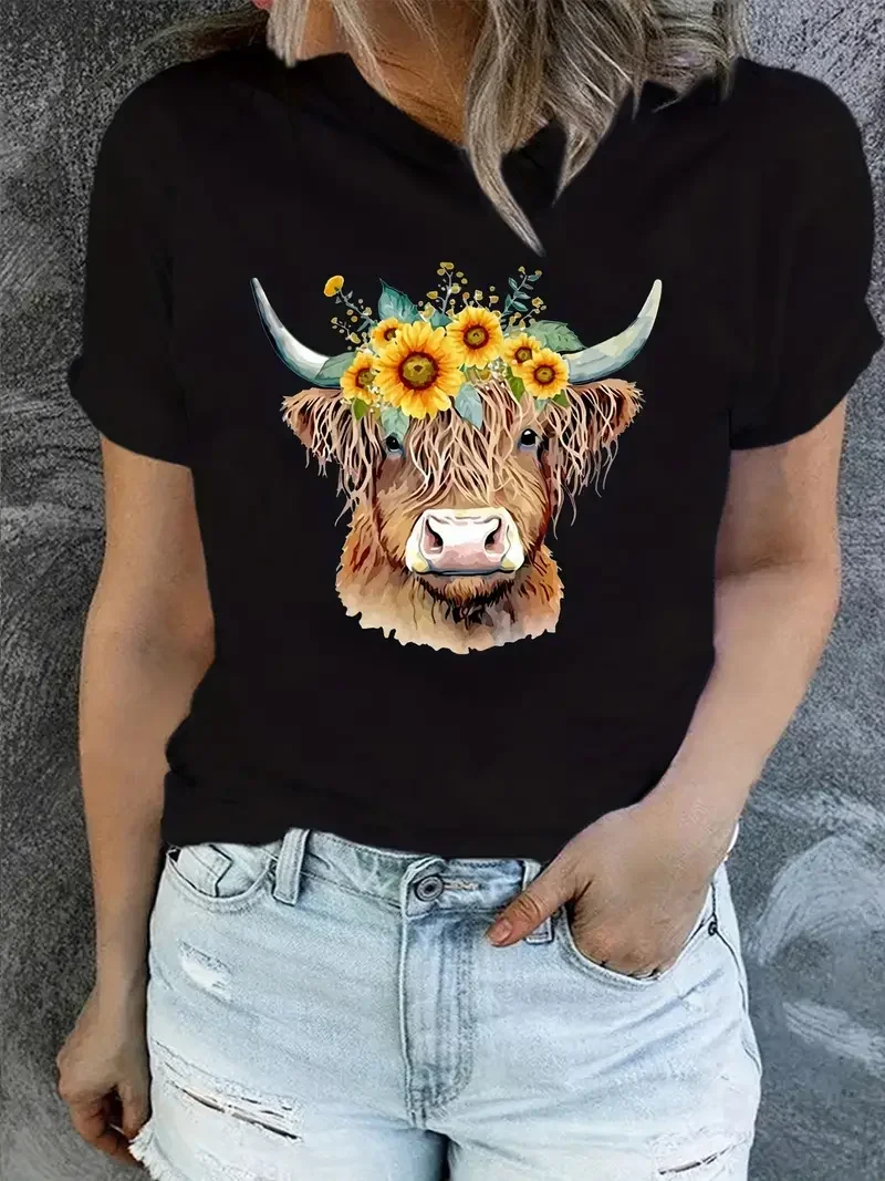 

2024 Summer Highland Cow Sunflower Print Short Sleeve Farm Cute New Leisure Commuting Outdoor T-shirt