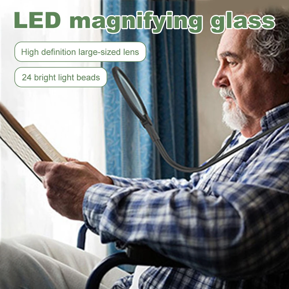 3X Magnifying Glass with 24 LED Lights Rechargeable Magnifying Glass for Neck Wear Seniors Sewing Low Vision Elderly