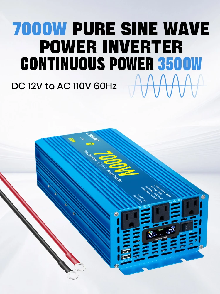 4000W/7000W Pure Sine Wave Inverter DC12V 24V to AC110V-120V 60Hz with 3 US Socket 2 USB for RV/Van life/Truck/Camping/Emergency Power