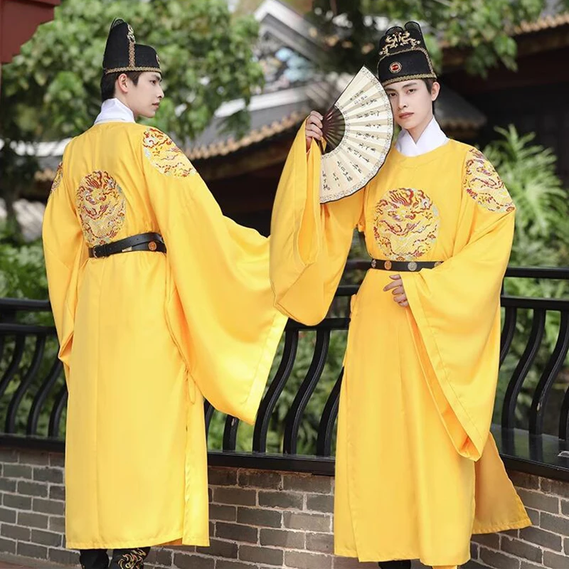 Ancient Hanfu Men Chinese Traditional Dragon Robe Wedding Clothes Ming Dynasty Cosplay Round Collar Adult Emperor Costume Party