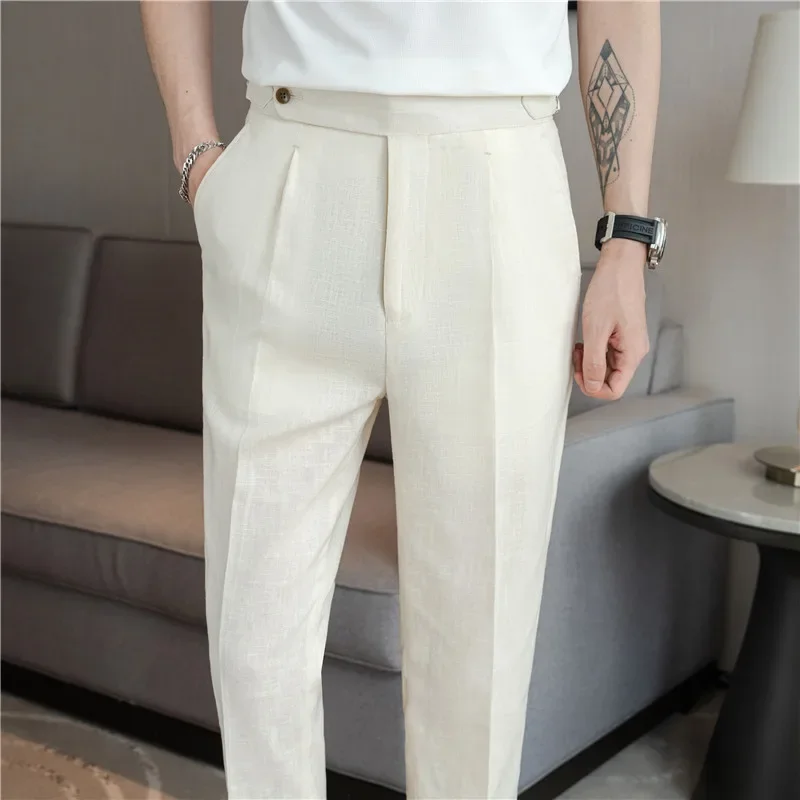 2024 Men\'s High Quality Cotton Hemp Fashion Western Pants Business and Leisure Versatile High Street Elastic Waist Hombre Pants