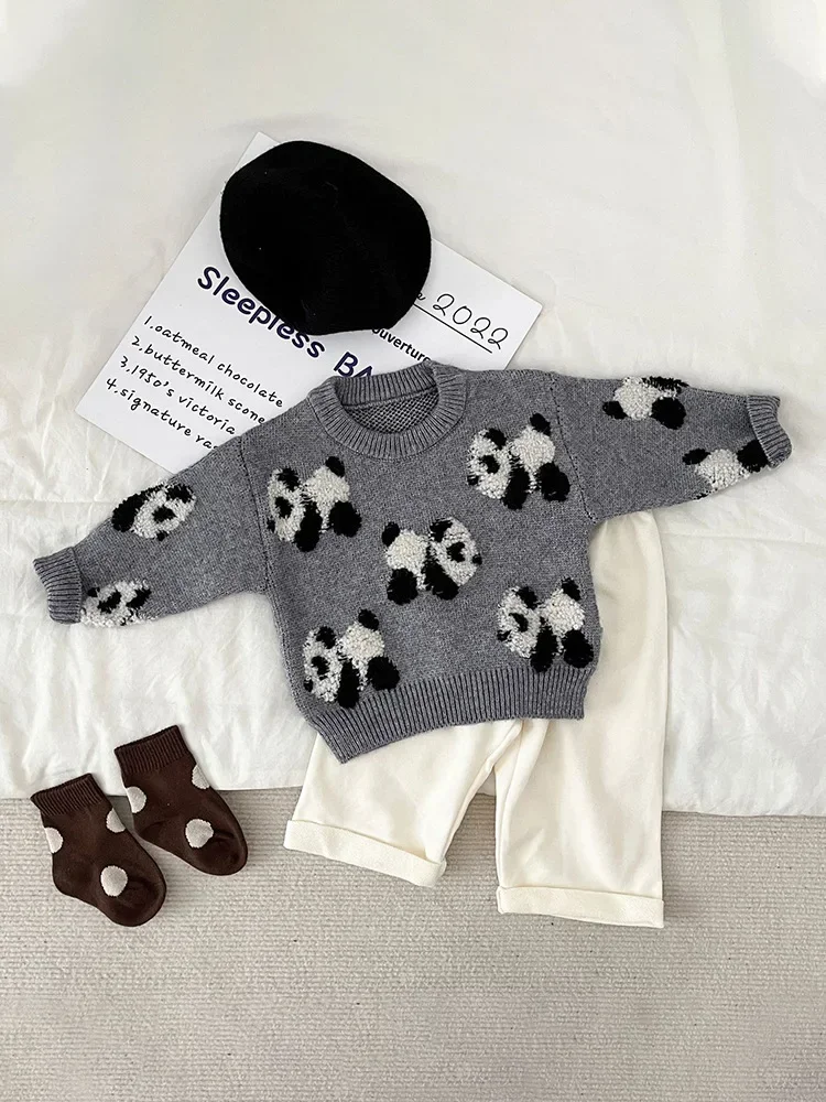 Spring And Autumn Baby Clothes Korean Version Of Children's Panda Embroidered Crewneck Sweater Casual Clothes For Boys And Girls