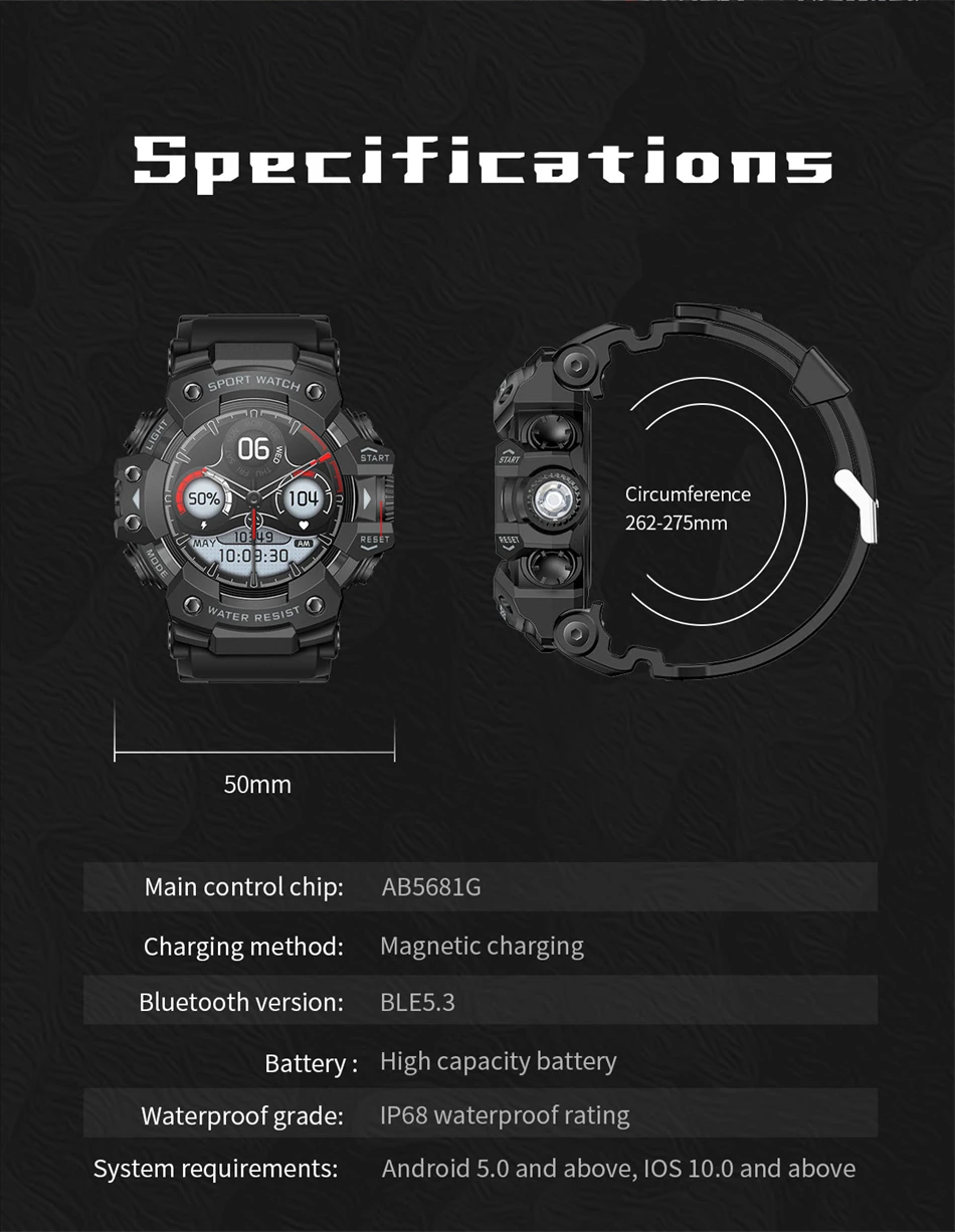 Neue Militär-Sport-Smartwatch für Herren, 100+ Sportarten, Outdoor-Fitness, Kompass, Herzfrequenz, BT-Anruf, wasserdichte Smartwatch für iOS und Android – Detail 16