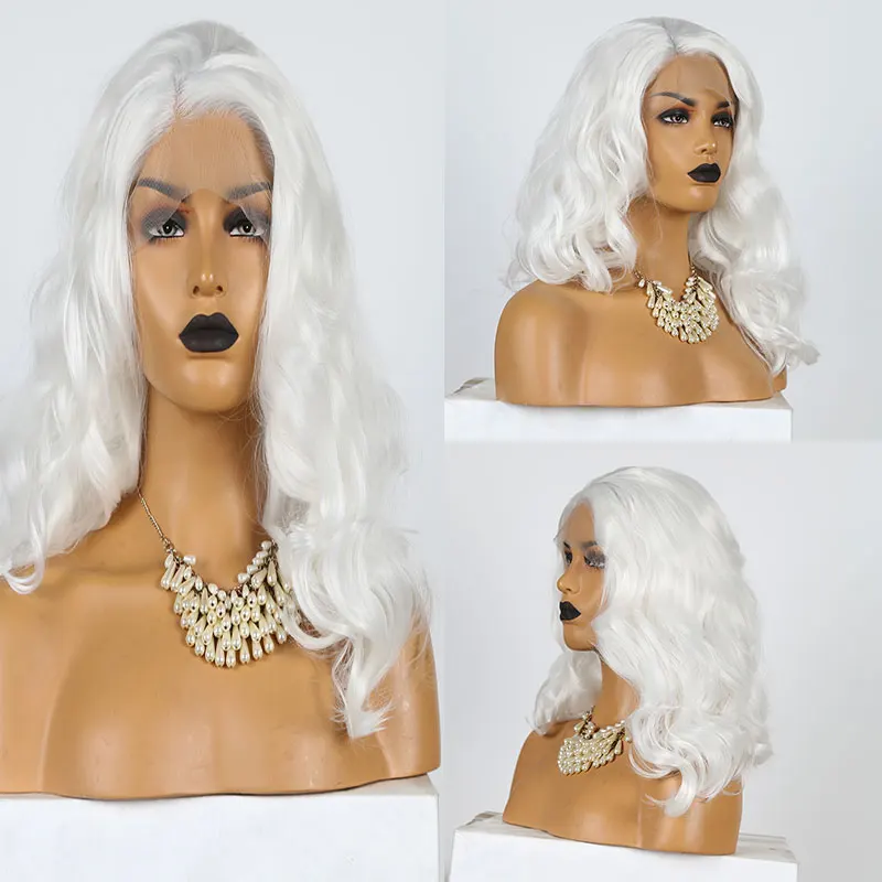 Bombshell White Short Body Wave Synthetic Lace Front Wigs Glueless High Quality Heat Resistant Fiber Side Part For Fashion Women