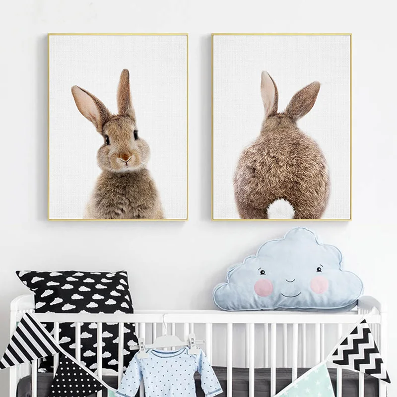 Gray Rabbit Front And Back Photo Wall Art Cute Animal Poster Canvas Painting Nursery Children'S Room Decorative Painting