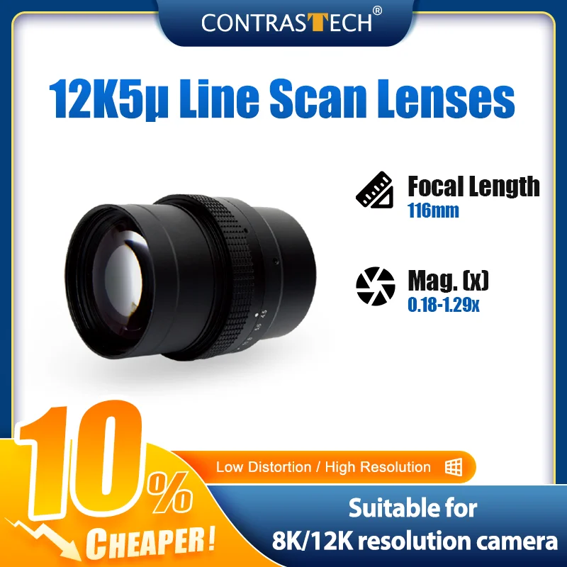 

12K5μ High Resolution 116mm 0.2X-1.24X Industrial V Mount Line Scan Lens for Printing Quality Inspection Contrastech