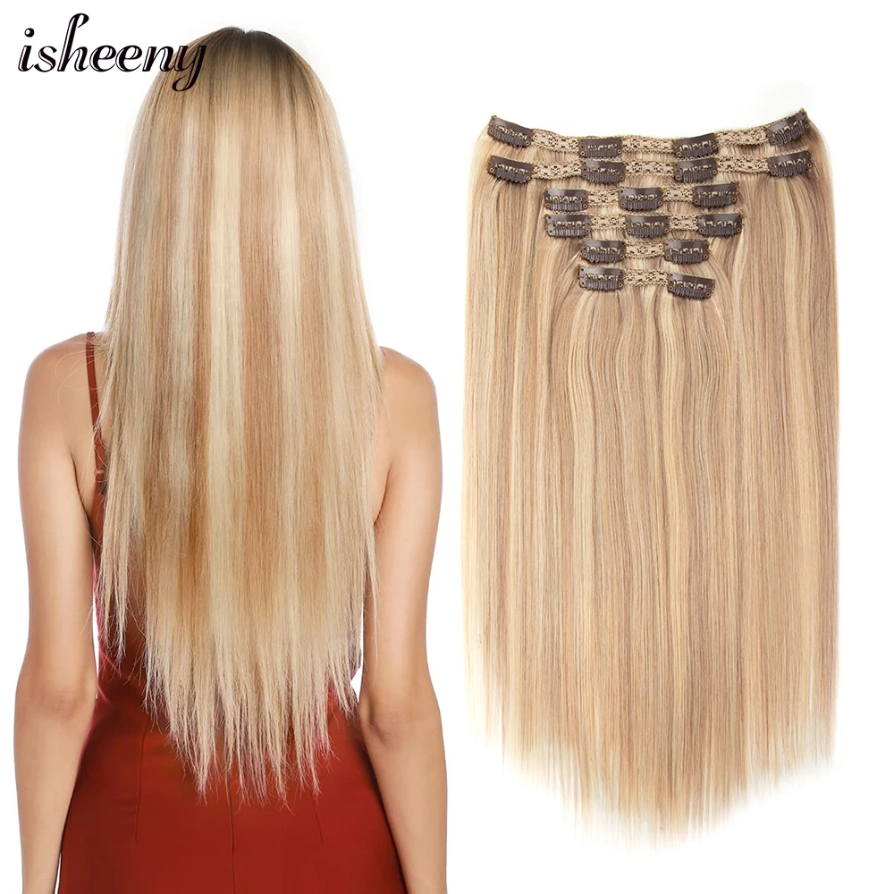 isheeny 6pcs Full Head Clip-in Human Hair Extensions 14-24 Inch display picture 2