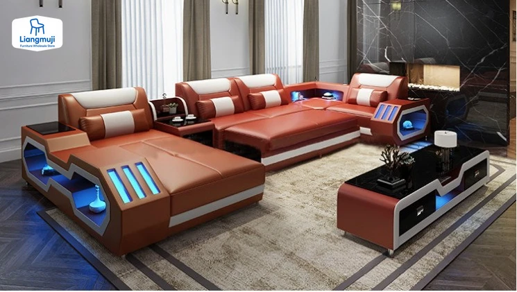 

LED Lighted Sofa Set with Recliner, Speaker & USB Ports | Genuine Leather Sectional Couch with Console & Adjustable Headrests