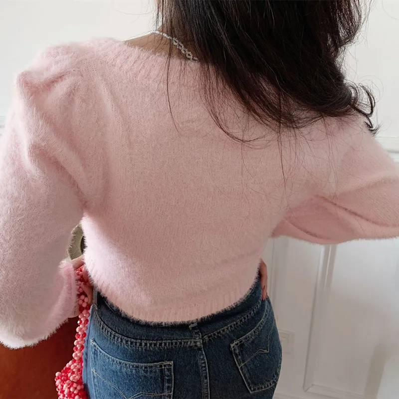 Christmas sweater women Cropped sweater pink long sleeve top flower knitted sweater kawaii clothes cute vintage sweater kawaii