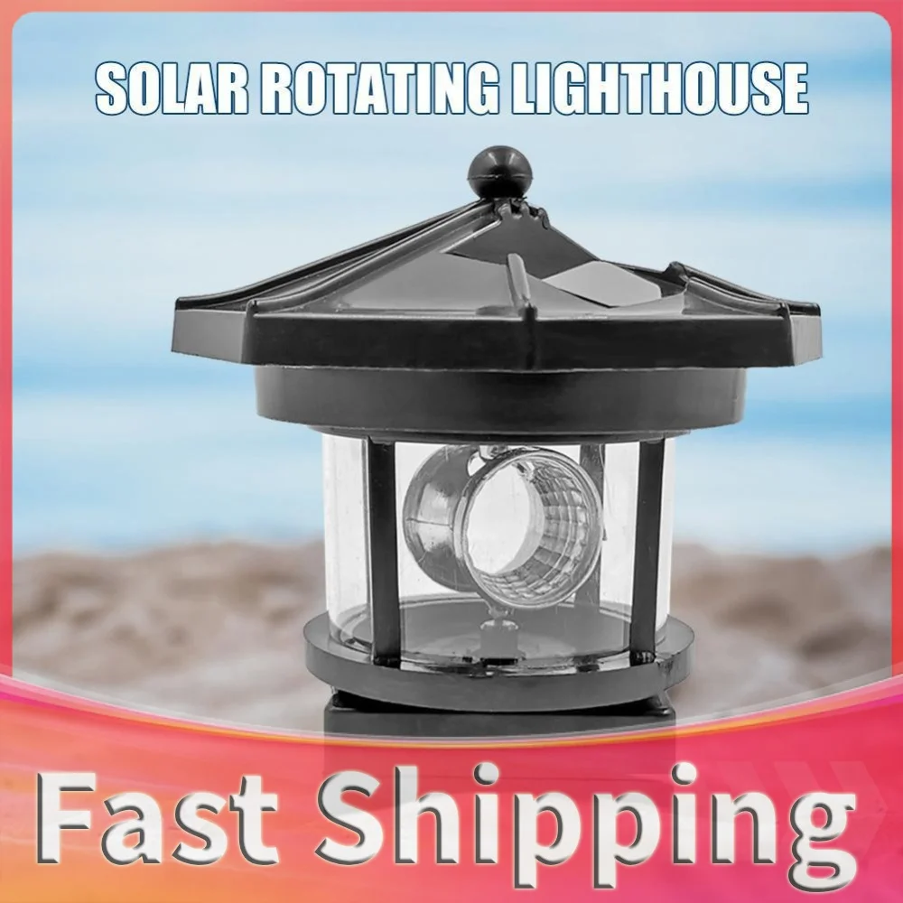 Lighthouse Shape Solar LED Light Garden Fence Outdoor Beacon Rotating Beam Lamp