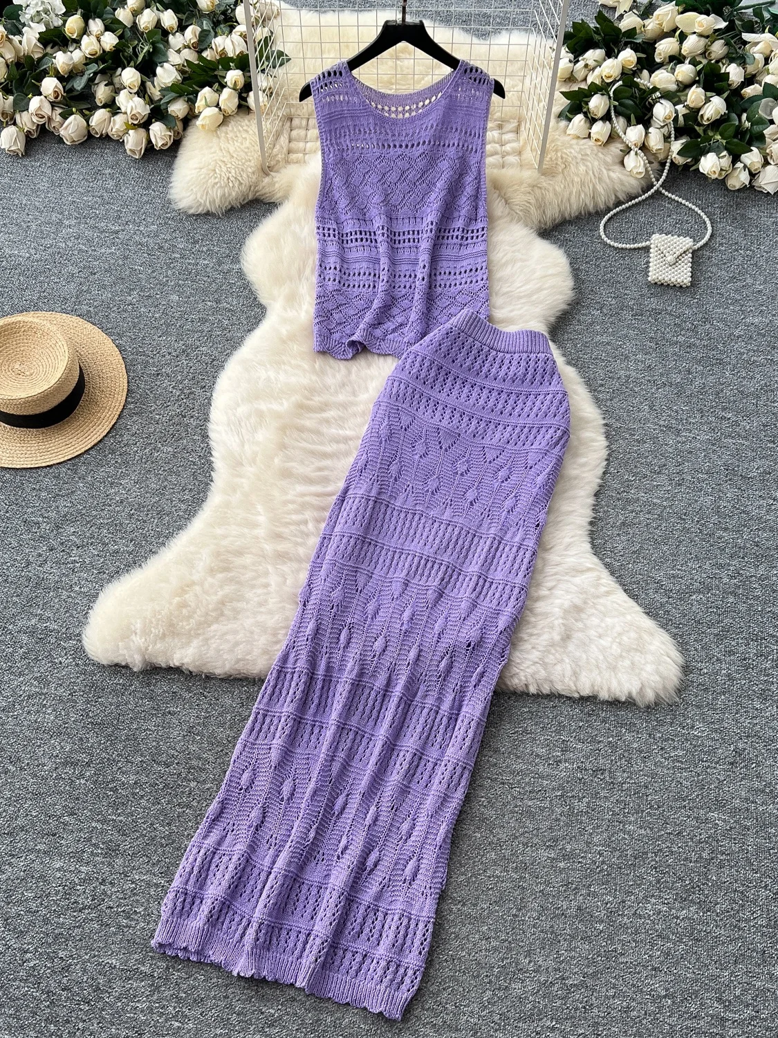 

Korean Sle Summer Casual Two-Piece Set Age-Defng Hollow out Svel Knitted Top High Waist Bodycon Skirt