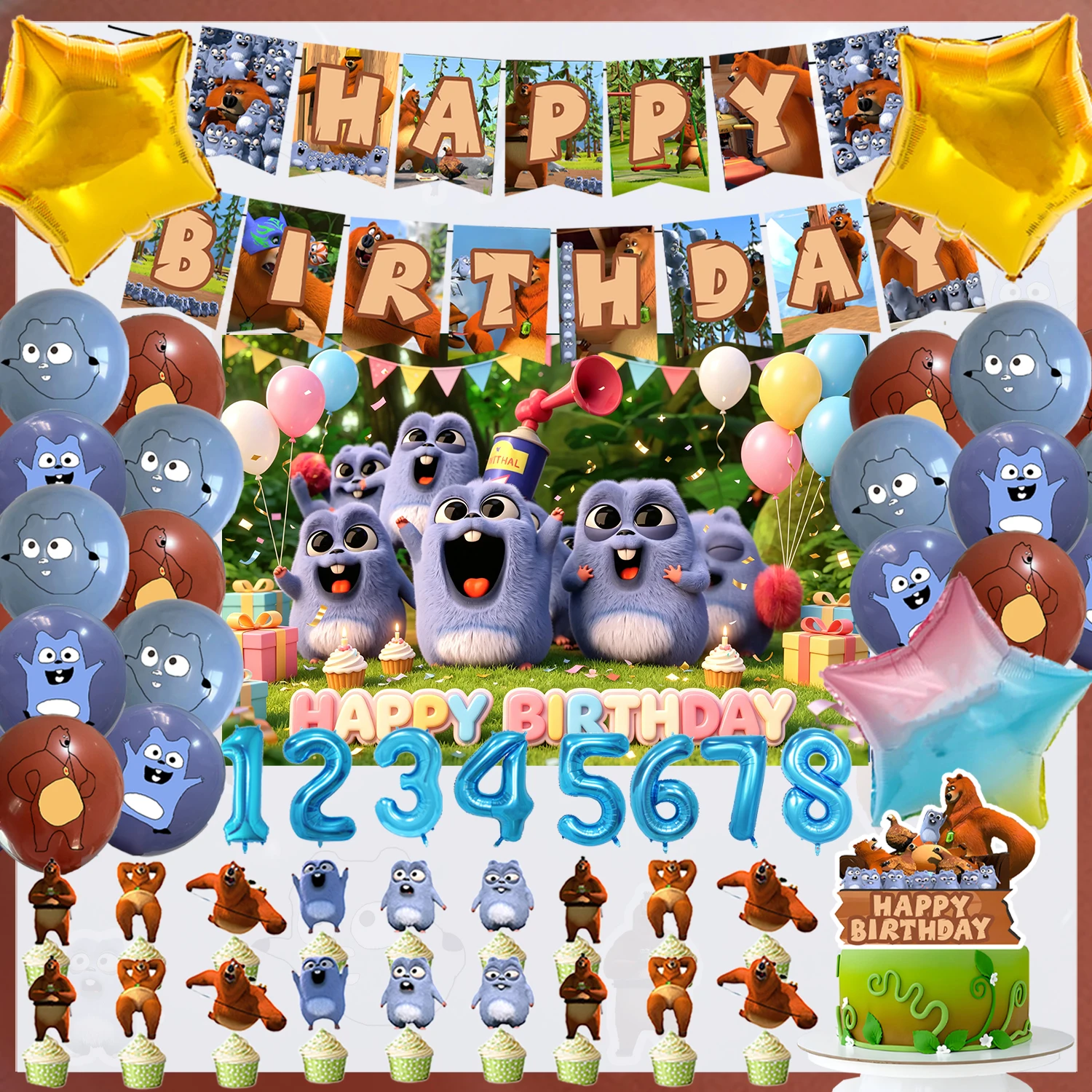 Cartoon Grizzy & die Lemminge Geburtstagsparty-Dekorationsset Niedliche Bären-Maus Zahlenballons Tortendekoration Banner Requisiten Geschenk für Jungen und Mädchen – Detail 1
