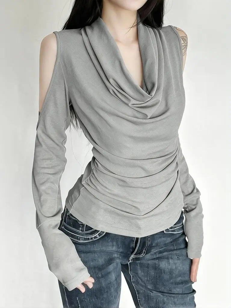 Elegantes graues schulterfreies Oberteil mit Wasserfallausschnitt für Damen, gerafftes Designer-Slim-Fit-Freizeitoberteil, modisches Langarm-Basic-T-Shirt