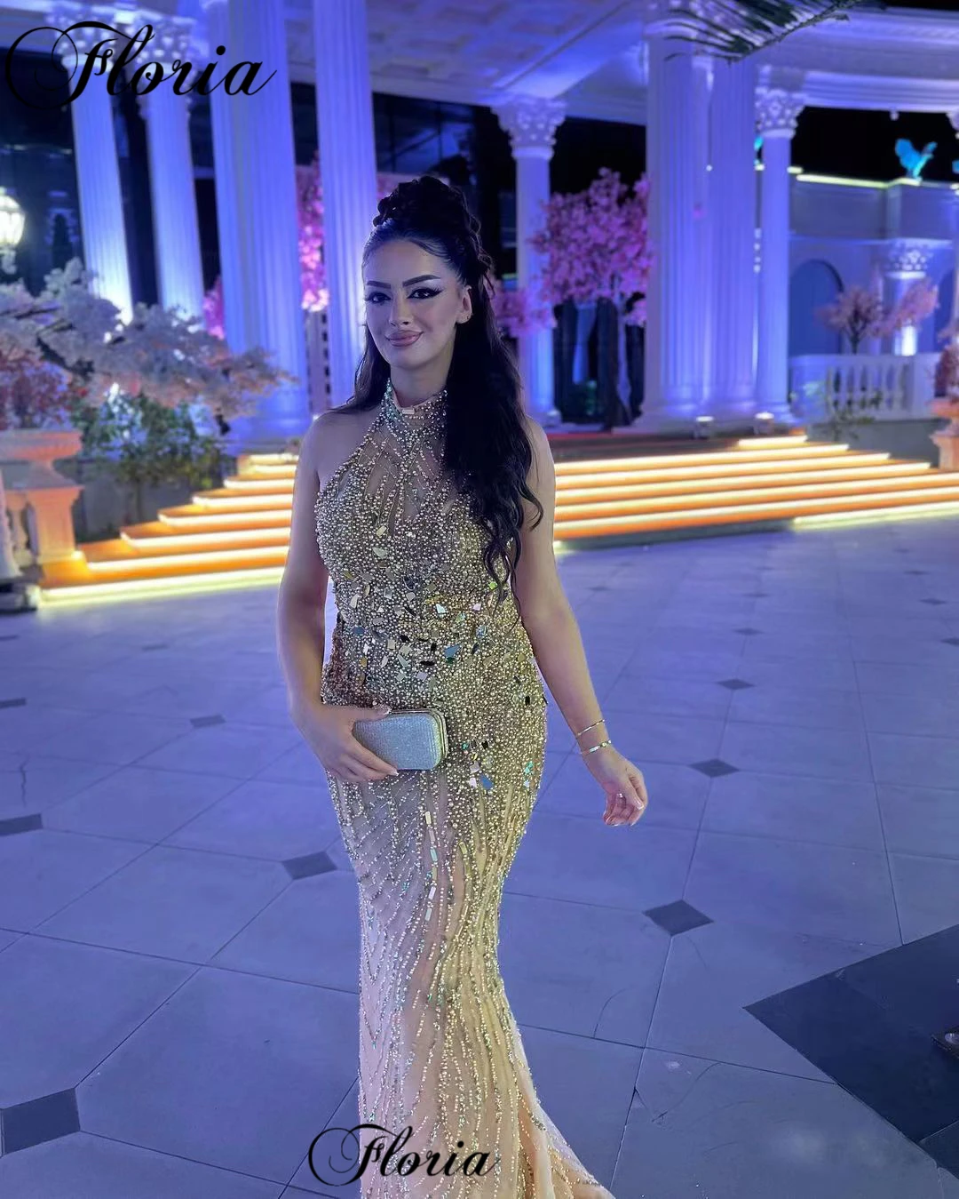 Halter Beaded Prom Dresses Mermaid Sleeveless Cocktail Dresses Luxury Gold Wedding Guests Dresses For Women Vestidos De Noche