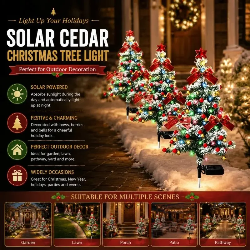 Solar Multicolor Christmas Tree Ground Stake LED Light, Decorated with Red Bows Berries and Bells Outdoor Lighting for Yard Lawn
