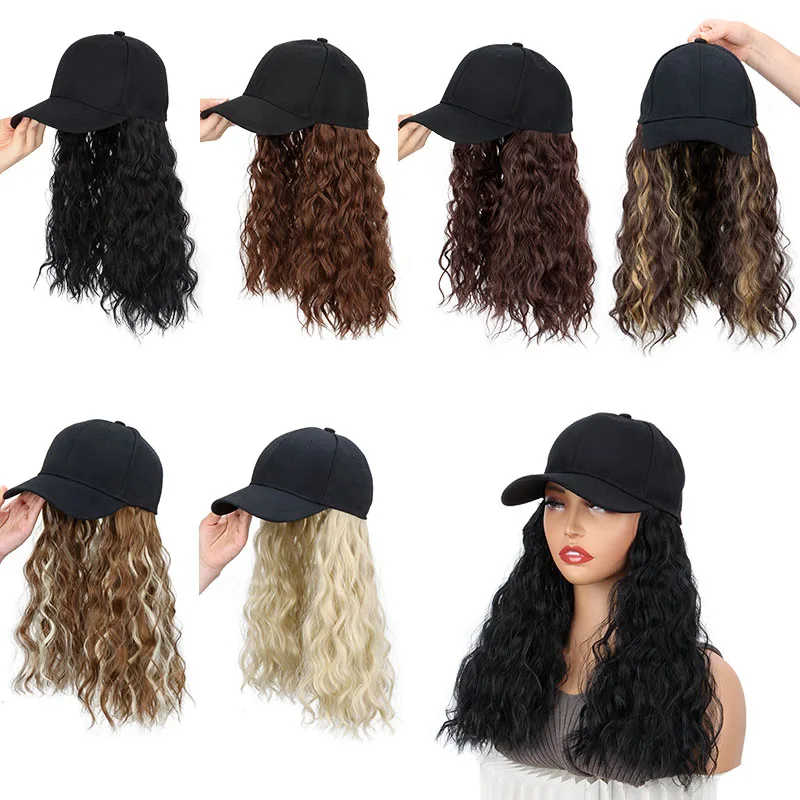 18 インチ合成ロングウェーブカーリー野球帽ヘアエクステンション調節可能なブラックブロンド Hairpece 帽子かつら女性のための