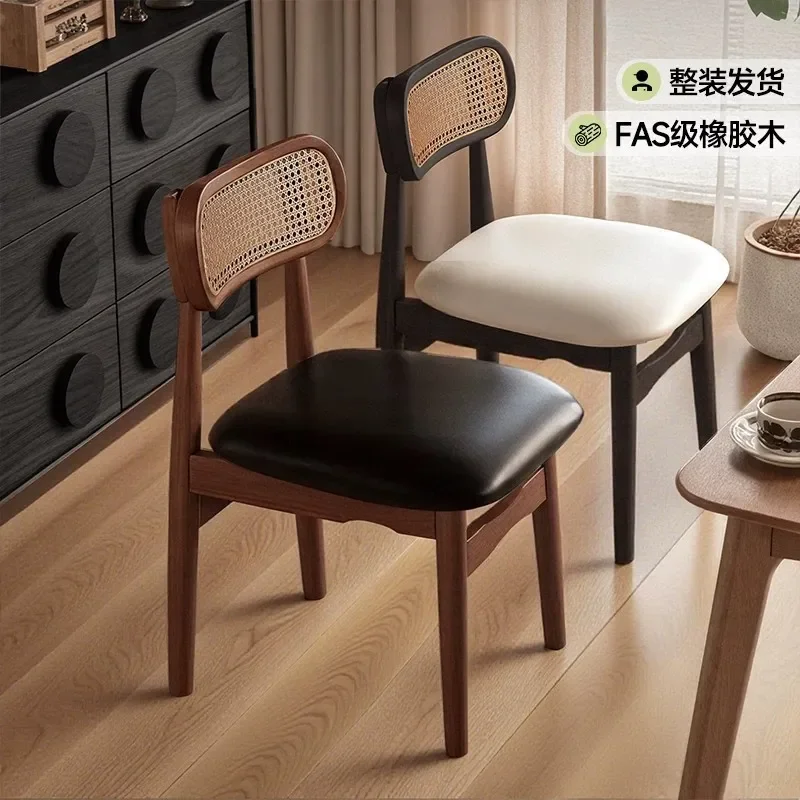 for Medieval Dining Chair 2026 New Home Rattan Backrest Dining Table and Chairs Walnut Solid Wood Chair Study Stool