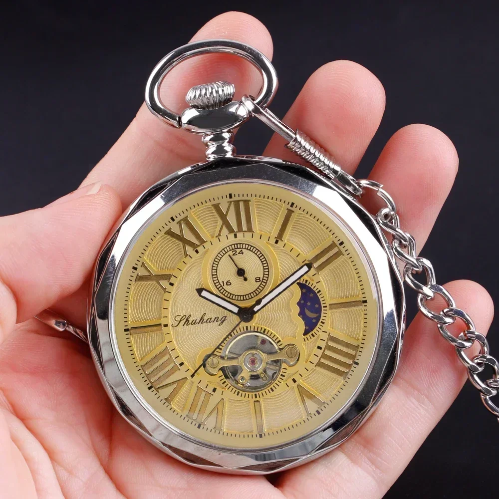 Reloj de bolsillo mecánico de lujo con fase lunar dorada sin cubierta, reloj de bolsillo con colgante antiguo Steampunk, regalos de alta calidad para hombres