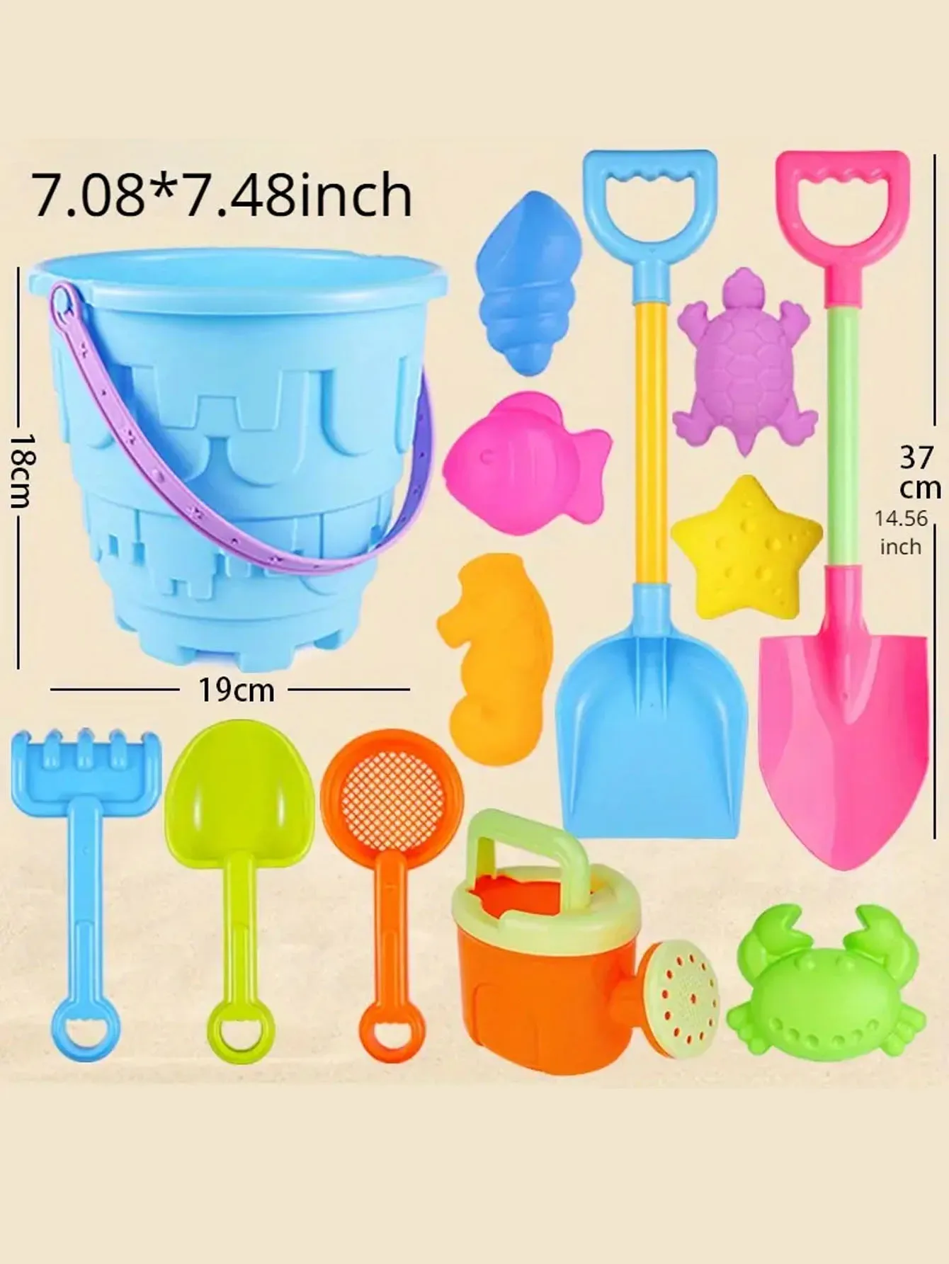 Children's beach toy set, play in water and sand, big sand shovel, beach bucket, sand dredging tools