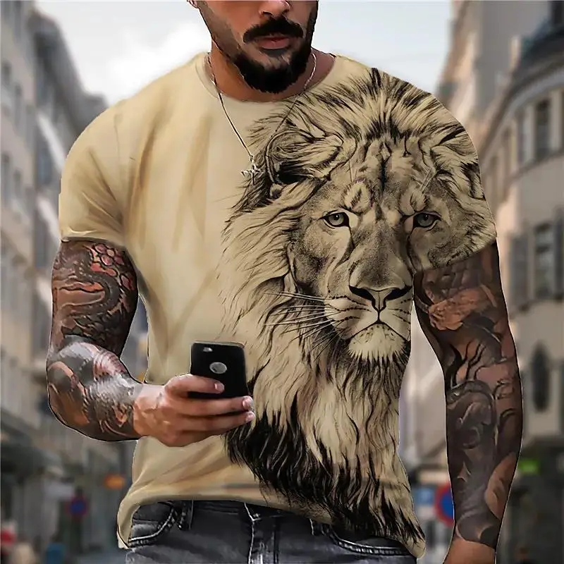 Animal T-Shirt for Men Short Lion/Tiger Print Tops Vintage Clothes Harajuku Casual Tees Oversized Summer T-Shirt Male Sweatshirt