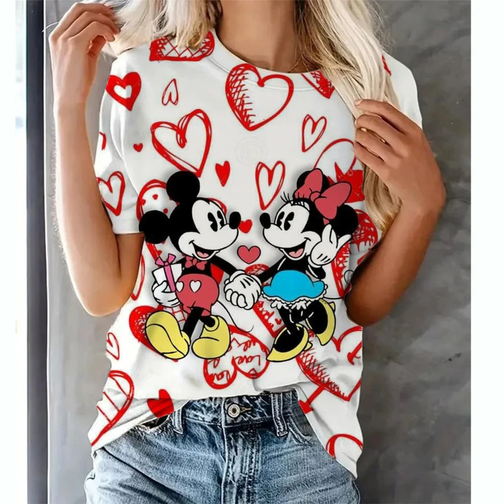 

Mickey Minnie T-Shirt Women Summer Disney Tops Tees Female Casual Stylish Short Sleeve Clothing Fashion Cartoon Streetwear