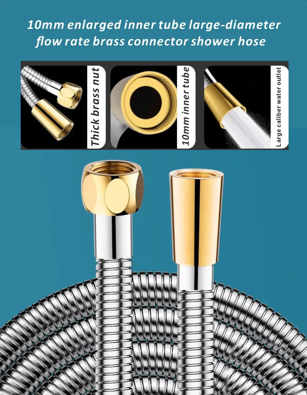 

Внутренняя трубка 10 мм, увеличенный большой поток, 1,5/2/3 м, душевой шланг из нержавеющей стали, гибкая насадка для душа, сантехнические аксессуары для ванной комнаты