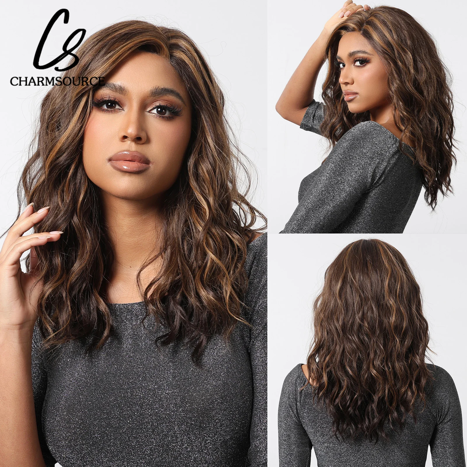 

CharmSource Long Lace Synthetic Wigs Wavy Brown Highlight Blonde Wig Baby Hair for Black Women Natural High Density 28inch