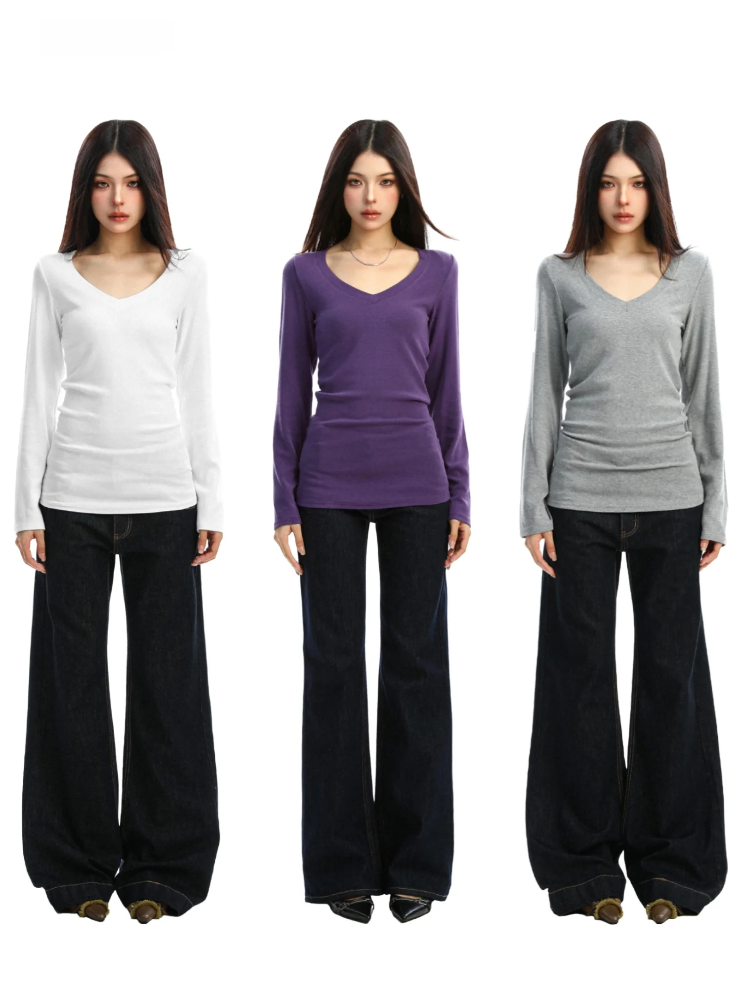 

Женская облегающая футболка с длинным рукавом и V-образным вырезом в корейском стиле Pure Desire, повседневный комфортный дышащий осенний топ