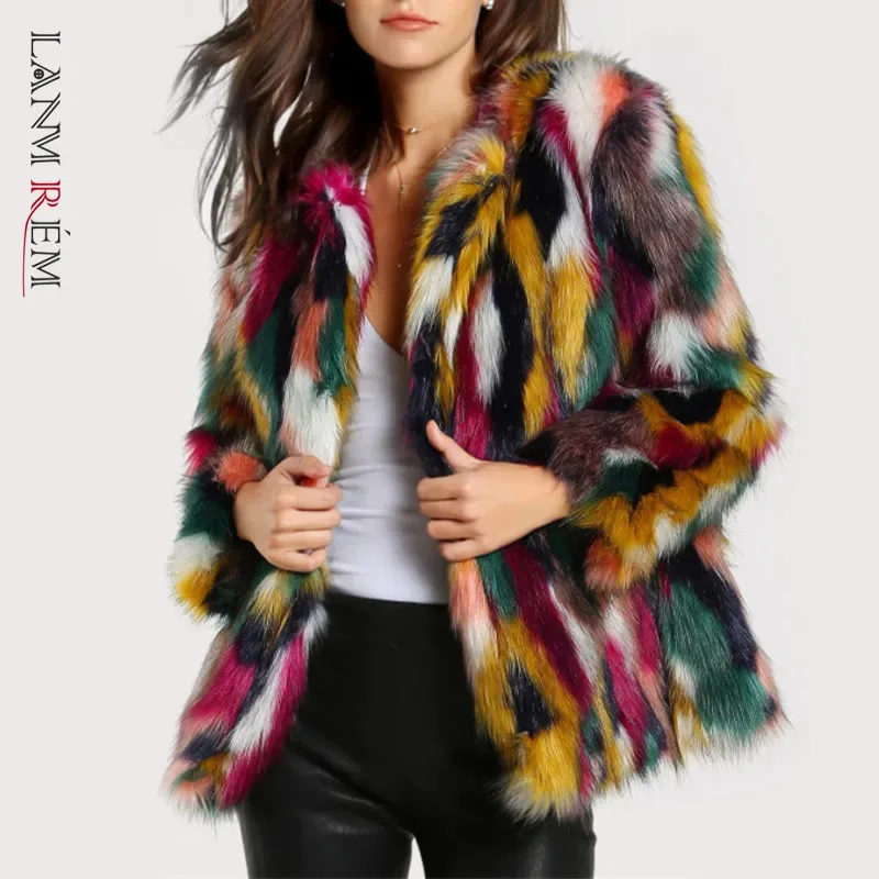 LANMREM 2025 Spring Winter New Color Fur Coat Female Round Neck Long Sleeve Keep Warm Imitation Fur Coats Women Fashion 2W1955